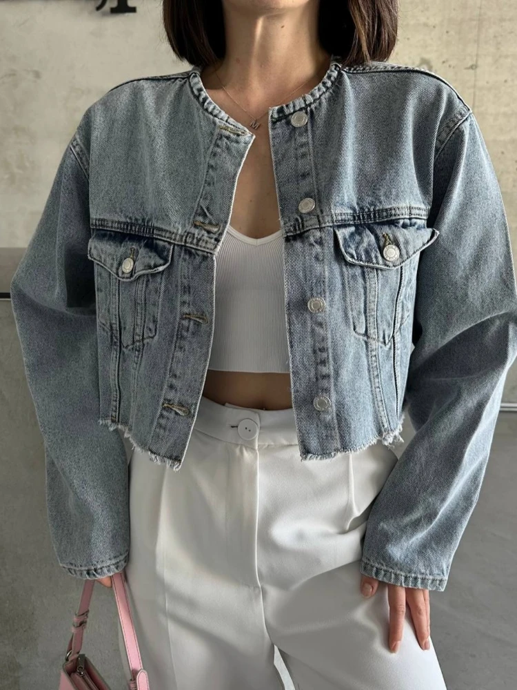 

ZBZA Women's Denim Cropped Jacket Skirt Suit O-neck Single Breasted Pocket Coat Lace-up Elastic Waist Shorts Spring New Chic Set