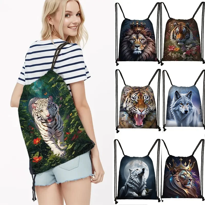 Howling Wolf Under The Moonlight Print Backpack Lion with Crown Colorful Tiger Drawstring Bags For Teenager Outdoor Bookbag Gift