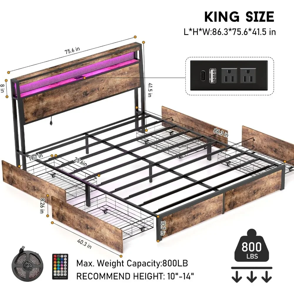 King Size Bed Frame w 4 Storage Drawers and Headboard w Charging Station and LED Lights,2 Tier Solid Wood Headboard Storage