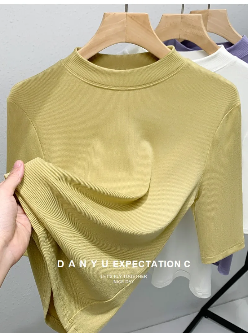 Women's Five-point Sleeve T-shirt Spring  Summer Lady's Shirt Elegant Standing Collar Stretchy Slim-fit Lightweight Girls' Top