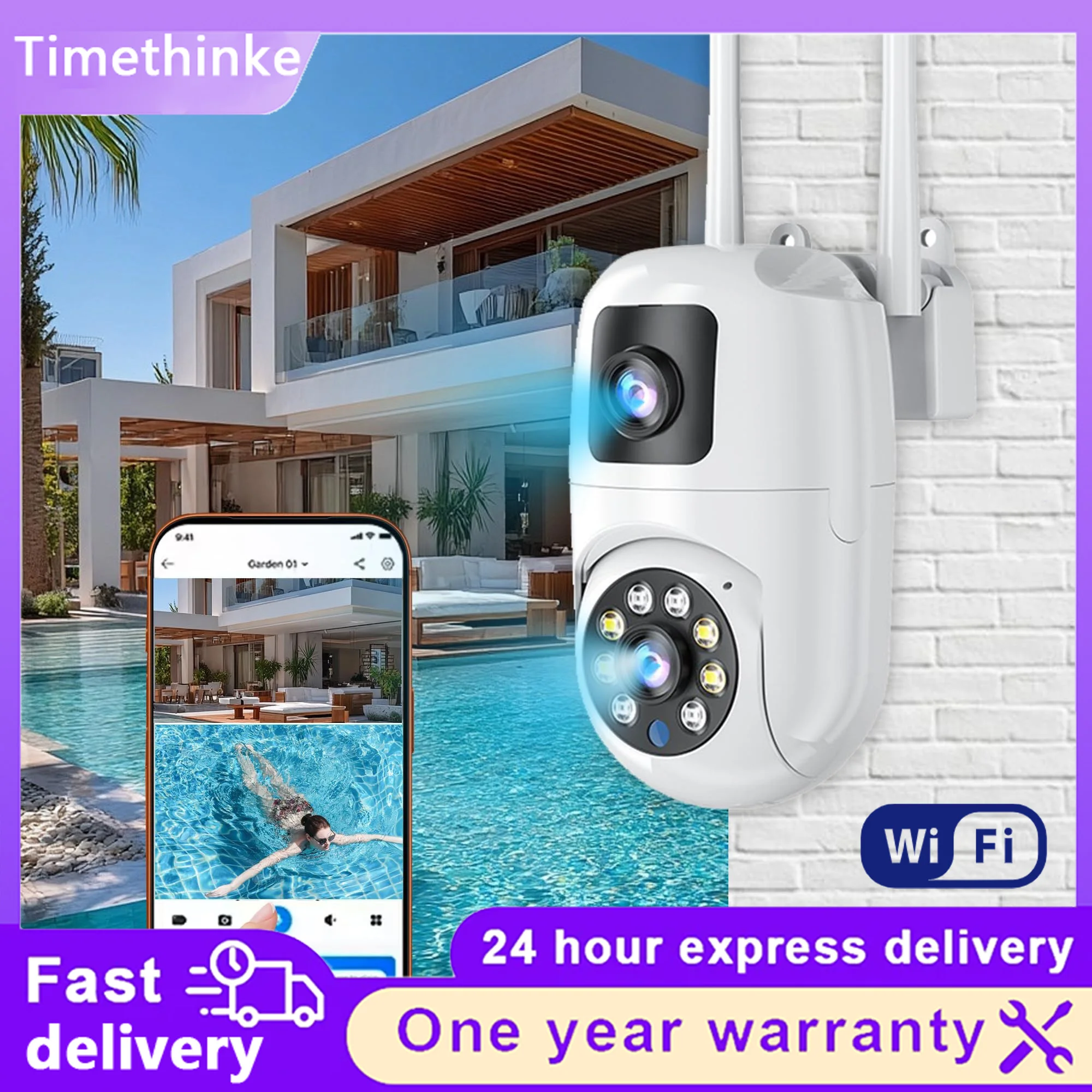 Waterproof Dual Lens WiFi PTZ Camera Outdoor 360° View Full‑Color Night Vision Sound‑Light Alarm Home Security Surveillance Cam
