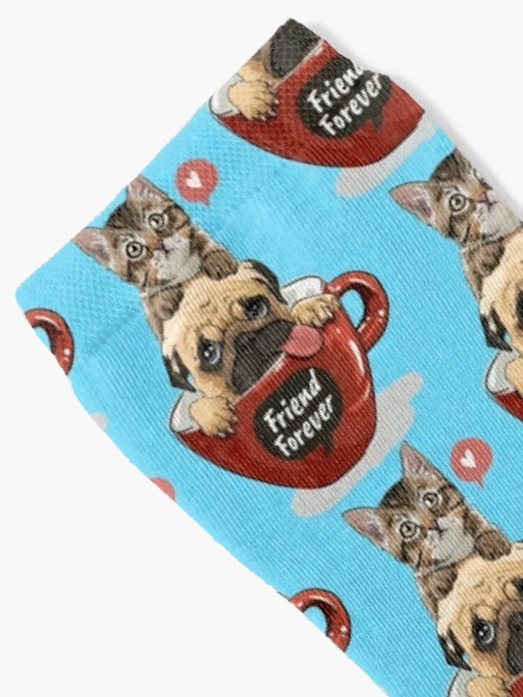 Engraçado PUG e CAT FRIEND FOREVER meias para homens e mulheres, tornozelo meias, meias de tênis, meias femininas