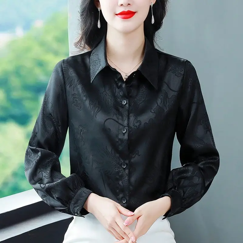 Chinese Style Spring Women's POLO Collar Jacquard Weave Satin Face Single Breasted Temperament Long Sleeve Loose Shirts Tops