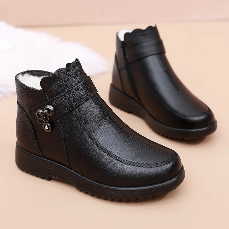 

Winter Women's Shoes Genuine Leather Fashion Ankle Boots Women Thick Plush Warm Outdoor Casual Flat Shoes Mother Snow Boots