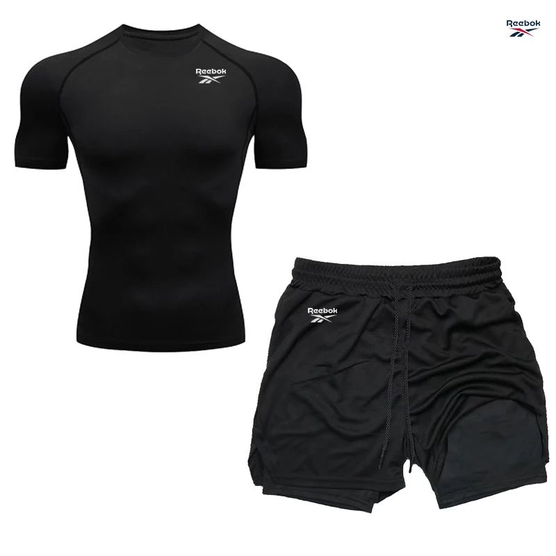 Camiseta Deportiva de Compresión Reebok para Hombre - Conjunto Corto Ajustado para Fitness - Camiseta para Correr y Entrenar - Tejido Antideslizante de Secado Rápido