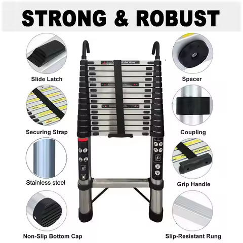 4.4m/5m Telescopic Extension Ladder with 2 Detachable Hooks, Sturdy Stainless Steel EN131 Standard, 150kg Load Capacity