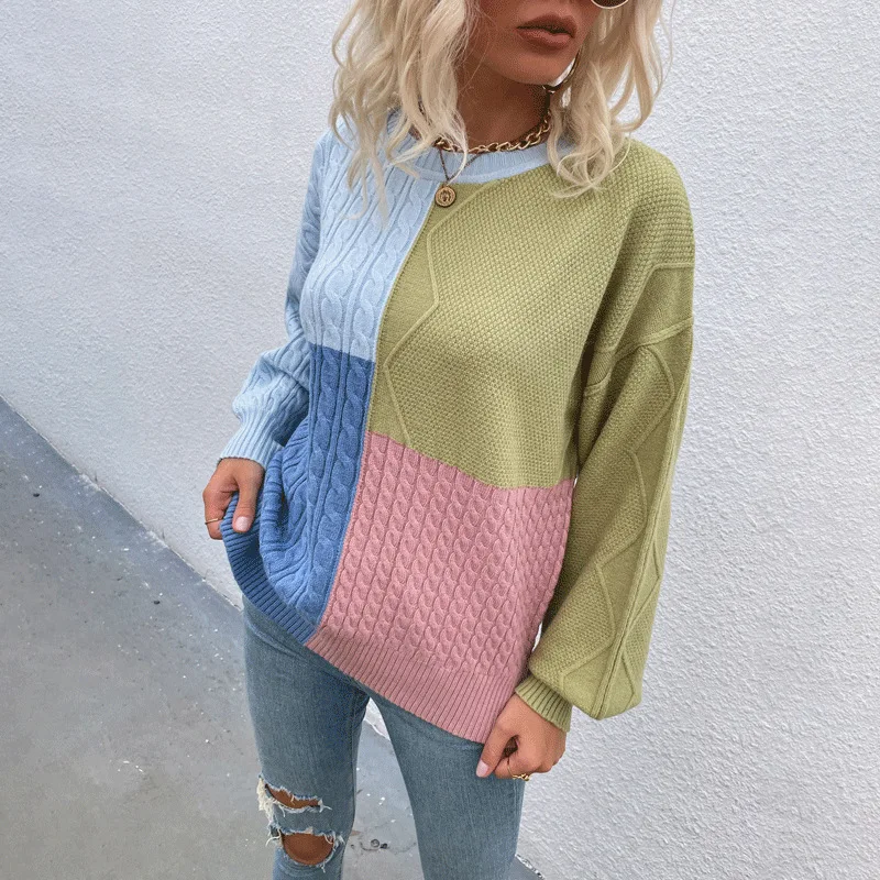 Square Patchwork Knitted Sweaters Women Mixed Colors O-Neck Lantern Sleeve Pullover Sweaters Autumn Winter Warm Casual Jumpers