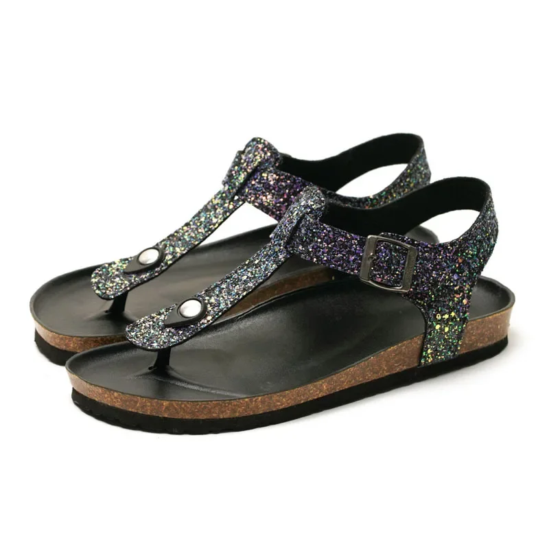 

2023 new summer wome Slippers Beach Audult Cork Sandals Bling Sequins for Family Shoes Barefoot Flats Girls Slipper