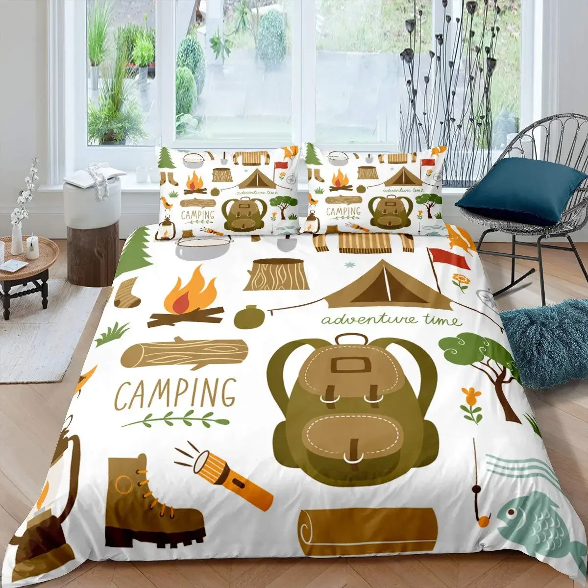 Camping Adventure King Queen Duvet Cover Equipment Hatchet Log Bedding Set Campfire Shovel Quilt Cover Polyester Comforter Cover