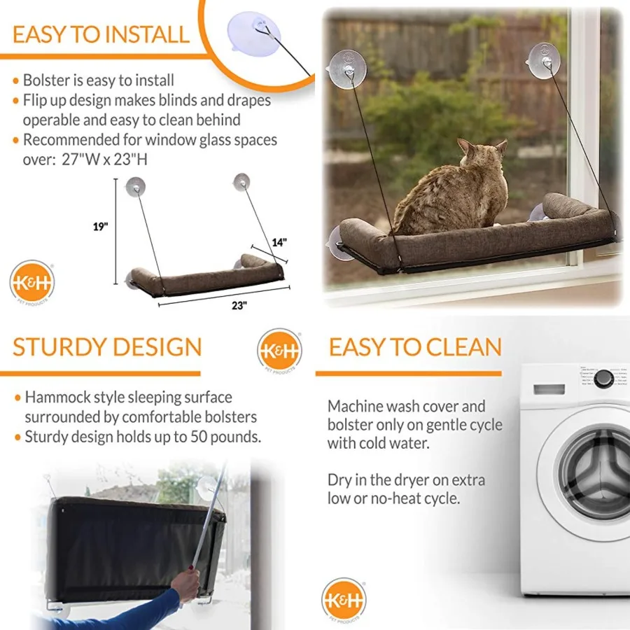 

EZ Mount Cat Window Perch for Large Cats, Sturdy Kitty Window Hammock Bed, Steel Frame, Sturdy Suction Cups, Washable Shelf Cov