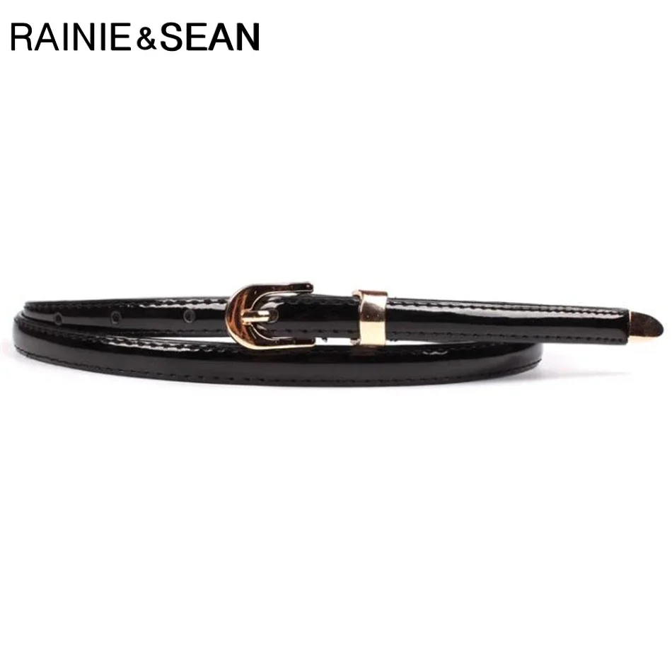 

RAINIE SEAN Black Patent PU Leather Belt Women Thin Belt Ladies Golden Pin Buckle Fashion Narrow Female Waist Belt for Dresses