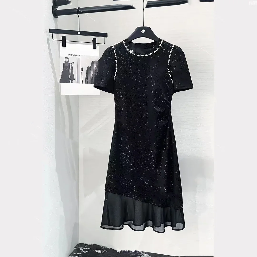 Summer new nail bead hot stamping black round neck short sleeved T-shirt long skirt for women  boho dress