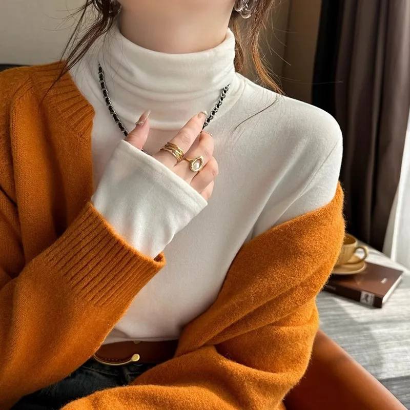 Women Turtleneck Double Sided Fleece Thermal Top Slim Fit Thumb Hole Long Sleeve Autumn Winter Basic Layering Shirt