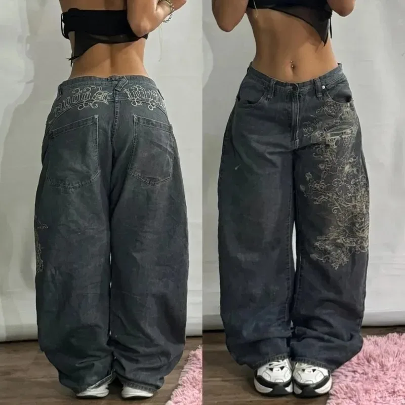 Y2K Street New Fashion Print Black Washed Loose Jeans Female Gothic Harajuku Retro Youth Plant Color High Waist Wide-leg Pants