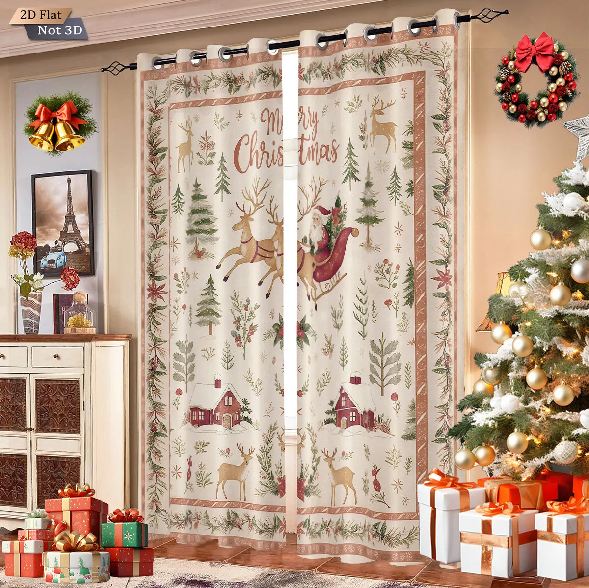 2 Stück Verdunkelungsvorhänge mit Aufdruck „Merry Christmas“, Wärmedämmung, mehrere Größen, Wohnzimmer, Schlafzimmer, Dekoration, maschinenwaschbar