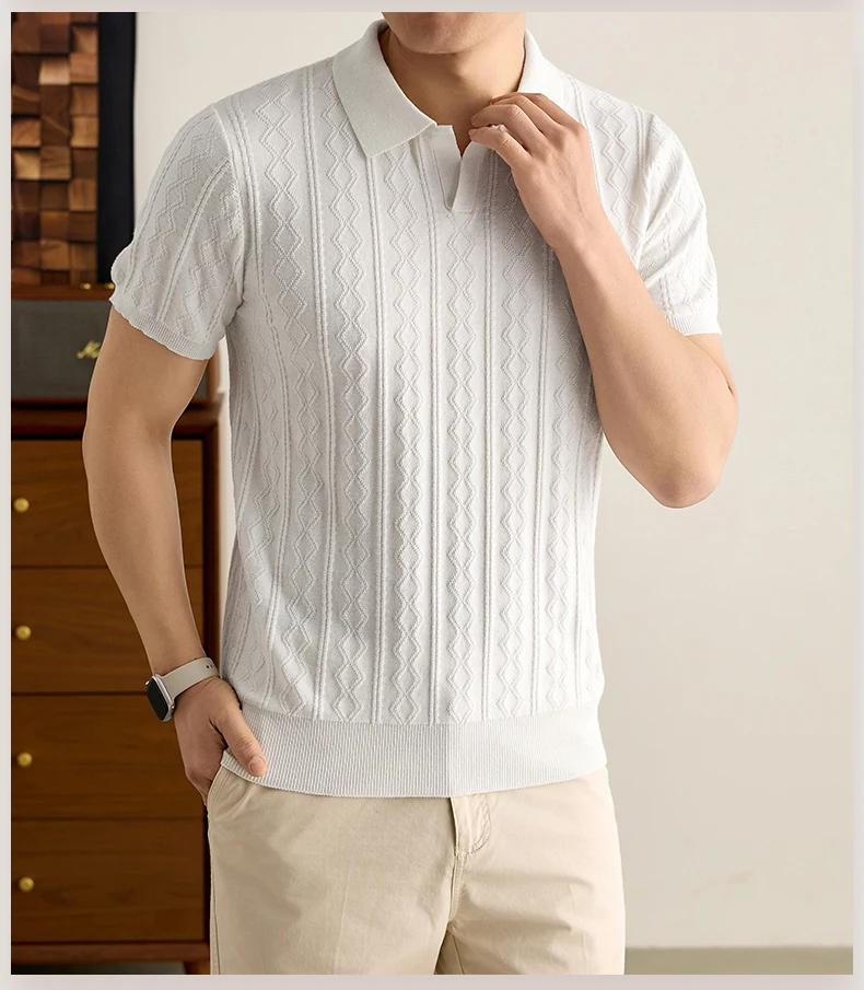 Luxuriöses, gestricktes 100% Baumwoll-Poloshirt für Herren, kurzärmelig, neu, Jacquard, weich, atmungsaktiv, modisch, hochwertig, einfarbig, lässiges T-Shirt. – Detail 10