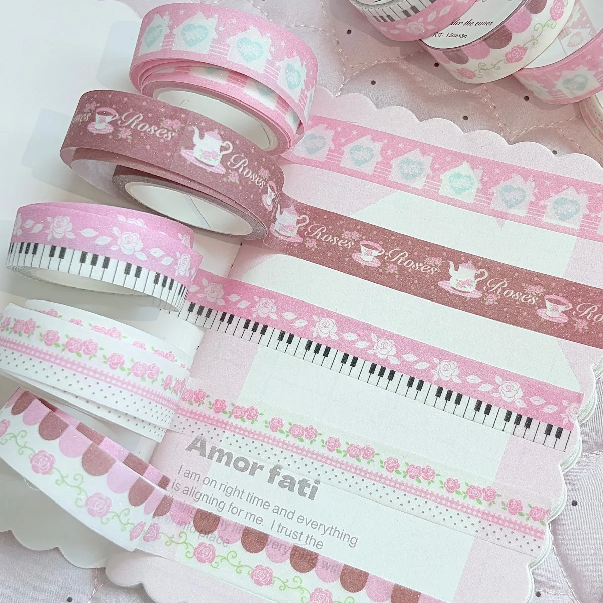 Kawaii Sparkle Pink Rose Piano Washi Tape Glitter Masking Tapes for Journal Scrapbook Planner DIY Stationery Decor