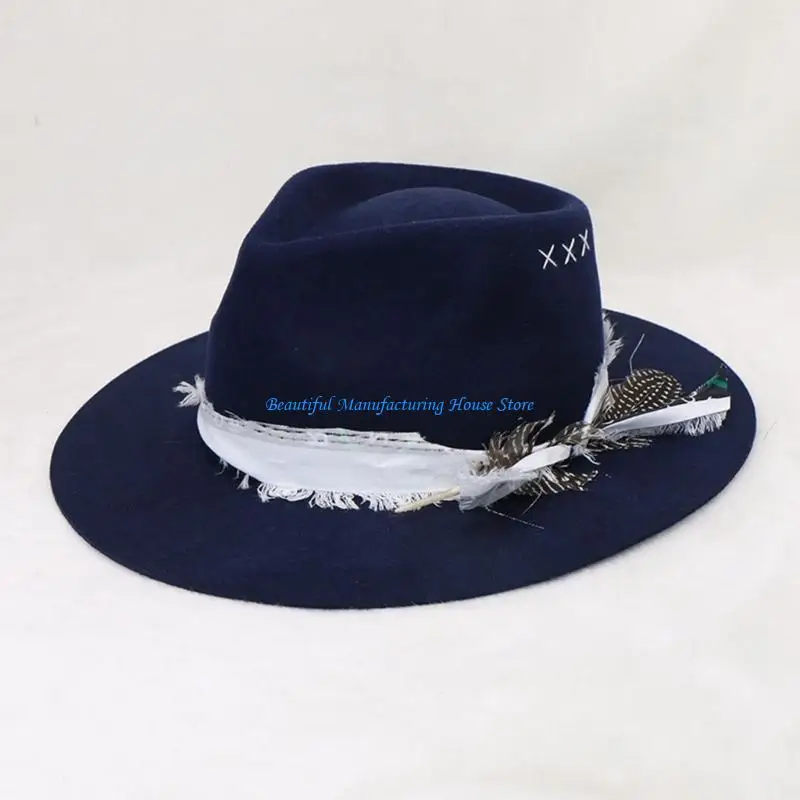 

E56A Unisex Wide Brims Western Fedoras Hat Feathered Jazzy Hat for Men Formal Occasion