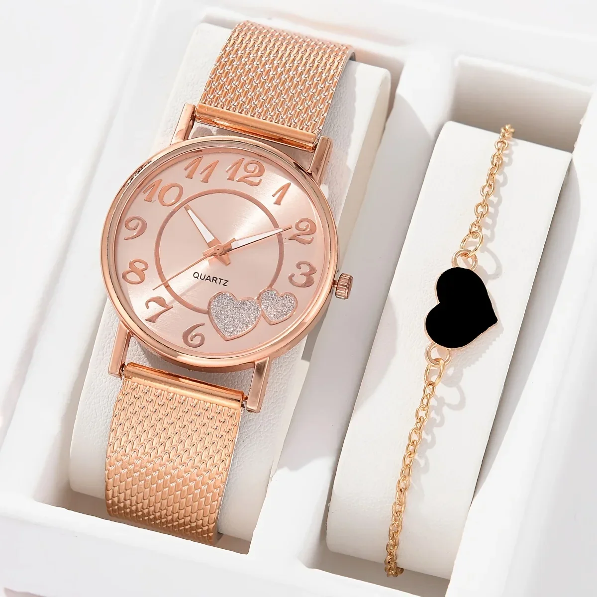 

2 шт. металлические наручные часы с золотым сетчатым ремешком, часы с розовым циферблатом и стразами в форме сердца, браслет, женский подарок на День святого Валентина