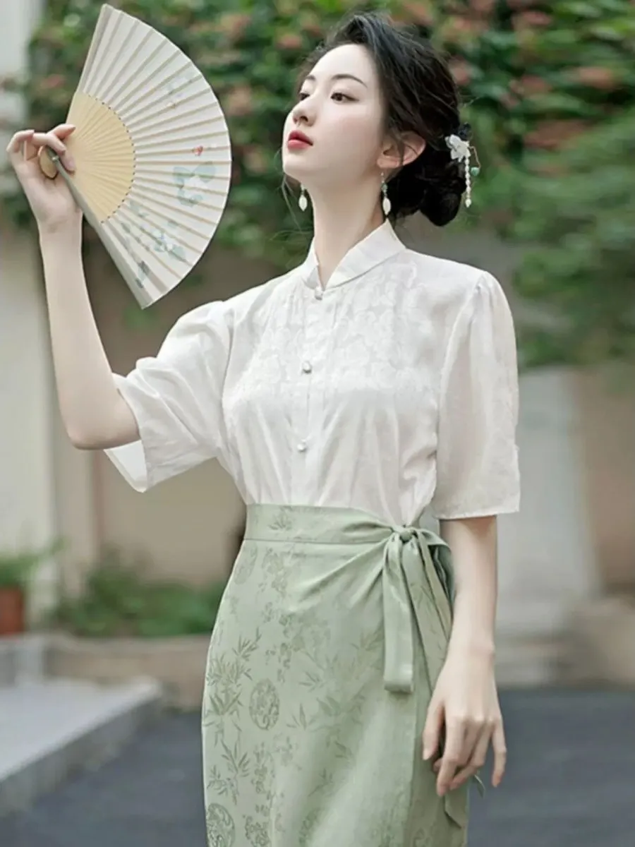 

Commute Style Short Sleeve Shirt Women's Stand Collar Traditional Chinese Fashion Top Skirt Matching Summer Office Wear