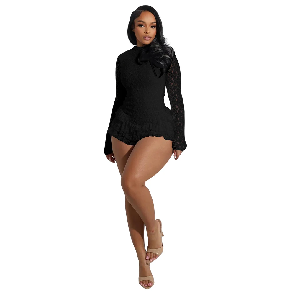 2025 neue Frauen Sexy Spitze Langarm Rüschen Strampler Ein Stück Nette Streetwear Kleidung Backless Geraffte Kurze Overalls Playsuits – Detail 5