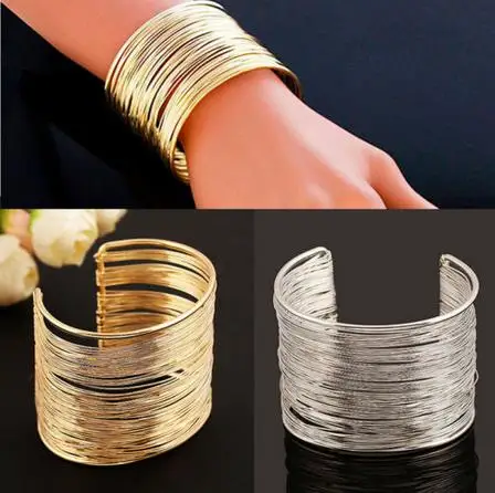 Punk Multilayer Strings Bracelet Zinc Alloy Wire Opening Cuff Bangle For Women Glittering Wrap  Open