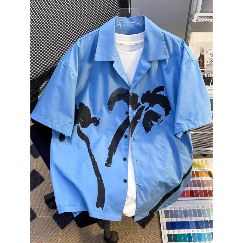 

Мужская летняя повседневная рубашка с коротким рукавом и кубинским воротником, из полиэстера, теплая, молодежная, пляжная, в стиле кэжуал