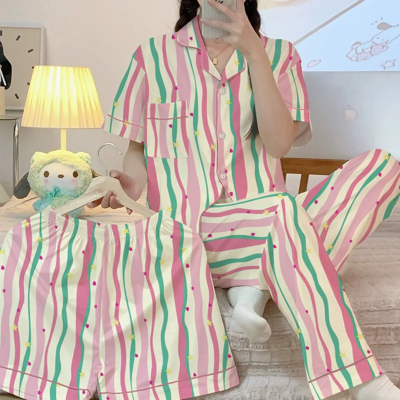 New Women\'s Dopamine Color Striped Pajamas Loungewear Three-Piece Women\'s Spring Summer Sweet Short Sleeve Thin Loungewear