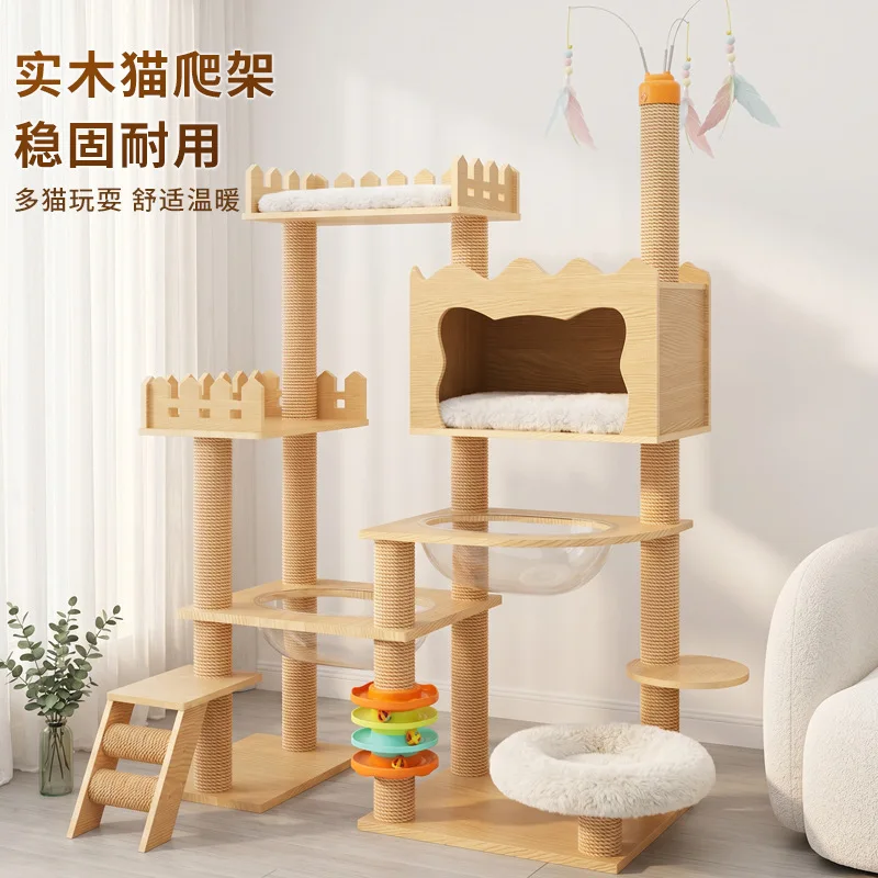 Solid Wood Cat Tree, 3 in 1 Cat Climber Bed Scratcher, Space Saving Wall Lean, Suitable for Maine Coon Ragdoll, Indoor Use