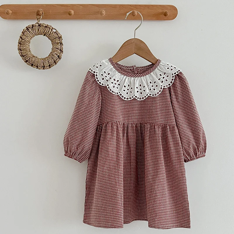 Autumn Kids Baby Girls Dress Lace Collar Grid Princess Dress New Baby Girls Sweet Dress Cotton Children Girls Clothes Dress