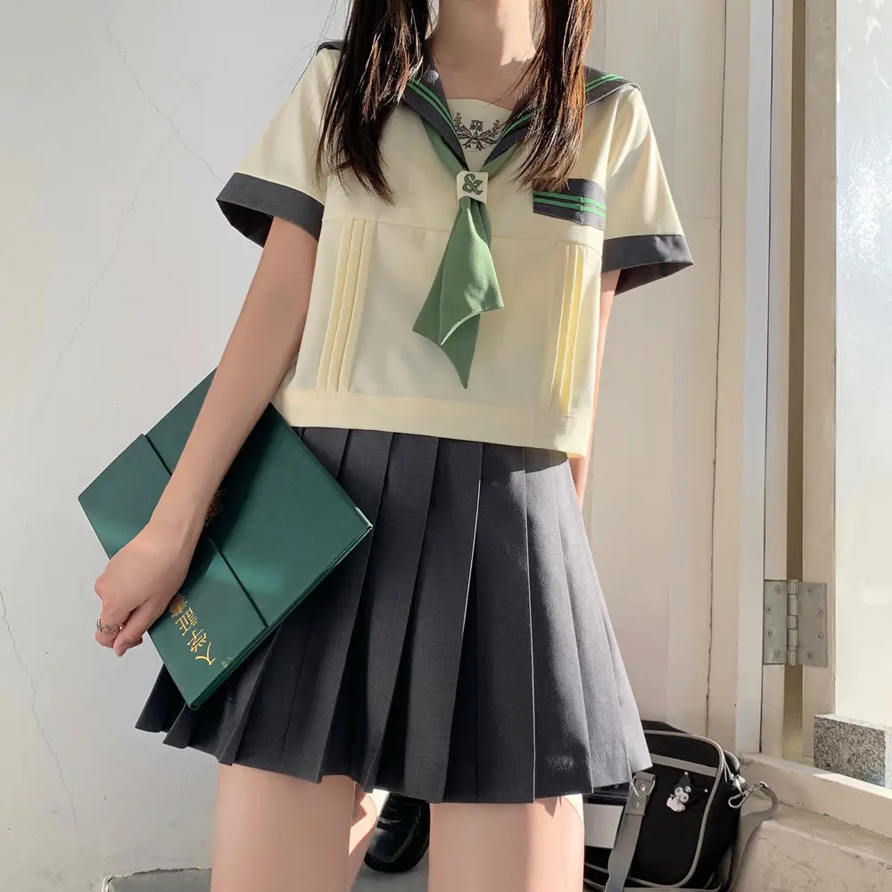 2024 Summer Autumn Original Korean Green Sailor Suit Top Pleated Skirt Women's Clothing Kawaii High School Girl JK Uniform XL