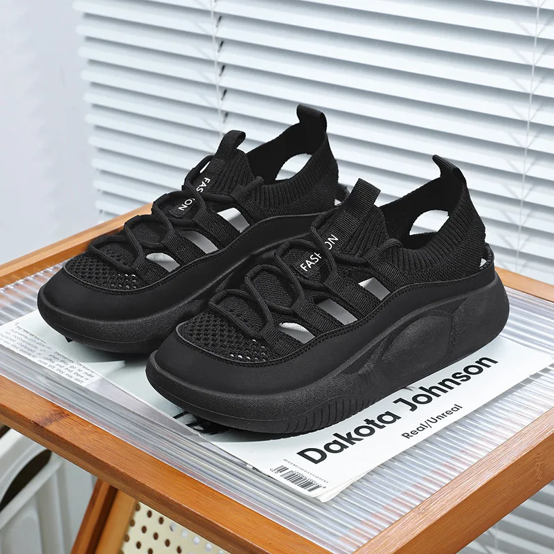 

Women's spring and summer hollowed out mesh sneakers thick bottom had high large size outdoor running shoes