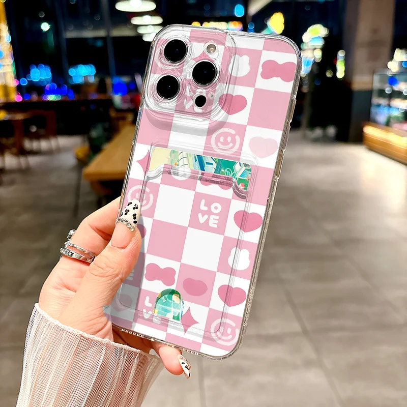 Чехол для телефона с электрокардиограмой LOVE Grid для iPhone 11, 12, 13, 14, 15, 16 Pro Max Plus X XS XR 16E, мини-карман для карт, чехлы