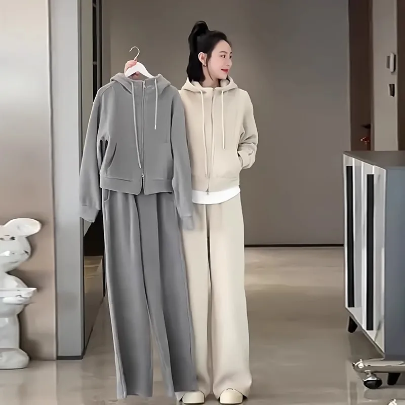 

Loose Long Sve Hoodie High Waist Casual Wide Leg Sports Pants Women plus Size Two Piece Set Trendy Autumn Wear Korean Sle