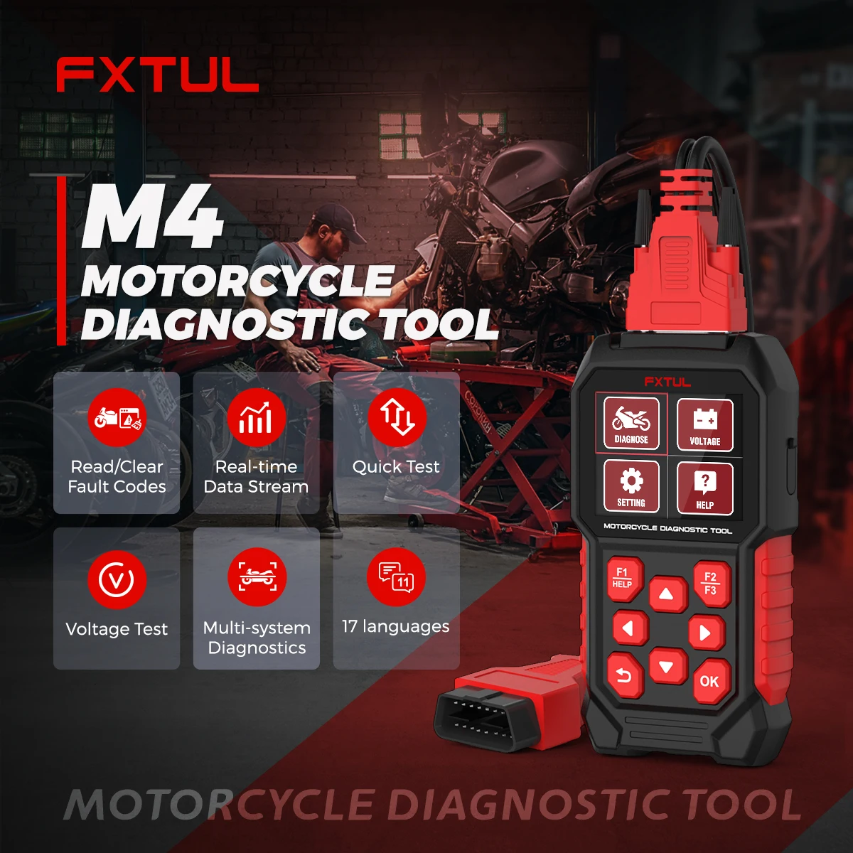 FXTUL M4-EU دراجة نارية ماسح ضوئي تشخيصي قراءة/واضح خطأ الرموز اختبار الجهد جميع النظام أداة تشخيصية obd2 #1