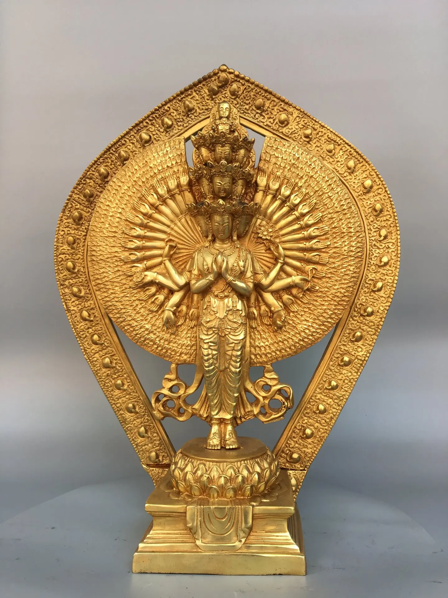16"Tibetan Temple Collection Old Bronze Gilded 1000 arm Guanyin standing Buddha  Backlit Lotus Buddha Terrace Worship Hall