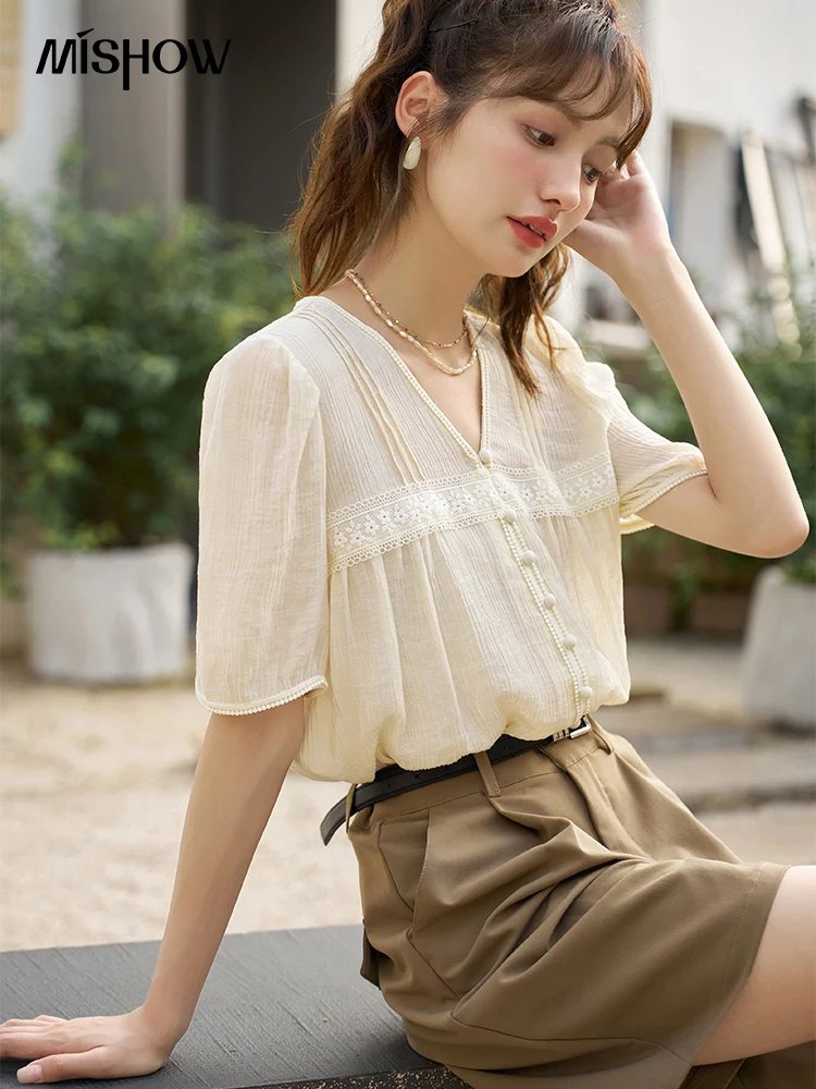 MISHOW Blouses for Women 2023 Summer French V-neck Lace Sweet Female Elegant Fashion Single Breasted Short Sleeve Top MXC35X0060