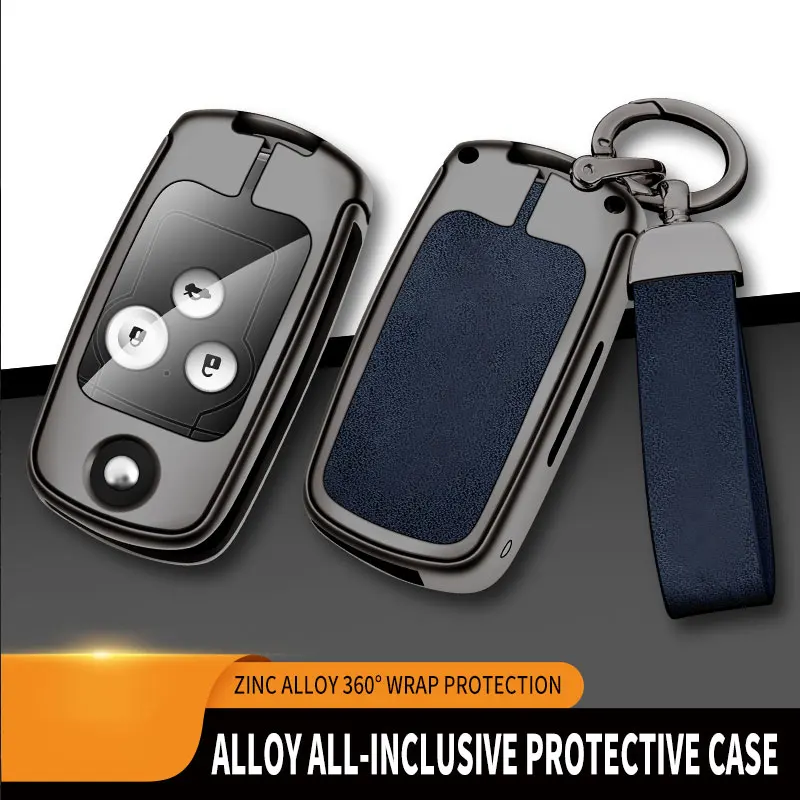 3 Button Car Key Cover For Honda Civic Accord CRV Fit, Zinc Alloy Suede Key Fob Case, Full Protector With Leather Keychain