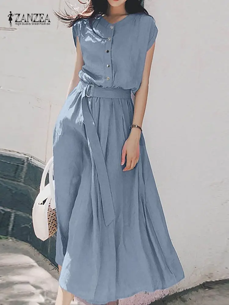 Summer Long Shirt Dress A Line Solid Sundress Women Elegant Work OL Dresses ZANZEA Short Sleeved Belted Vestidos Oversized Robe