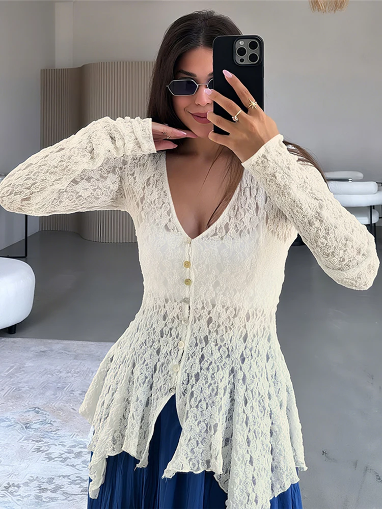 Kliou Francuskie Haftowane Damskie Topy Hipsterskie Nieregularne Plisowane Długi Rękaw Dekolt V Jednorzędowe Koszulki Damskie Jesienna Odzież Uliczna