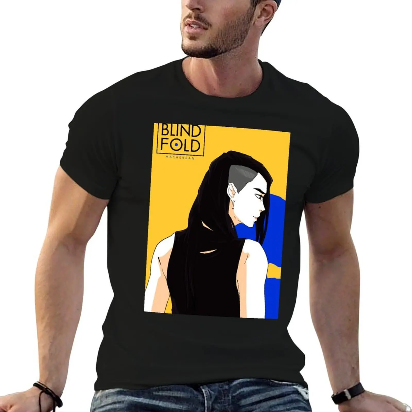 Mitsu (Blindfold) on a yellow background with a blue shade by Mashersan T-Shirt graphic shirts topping mens vintage t shirts