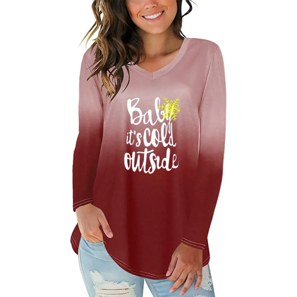 

Женская футболка градиентного цвета с английским буквенным принтом, неровный подол, топ с v-образным вырезом и длинными рукавами, новинка в европейском и американском стиле