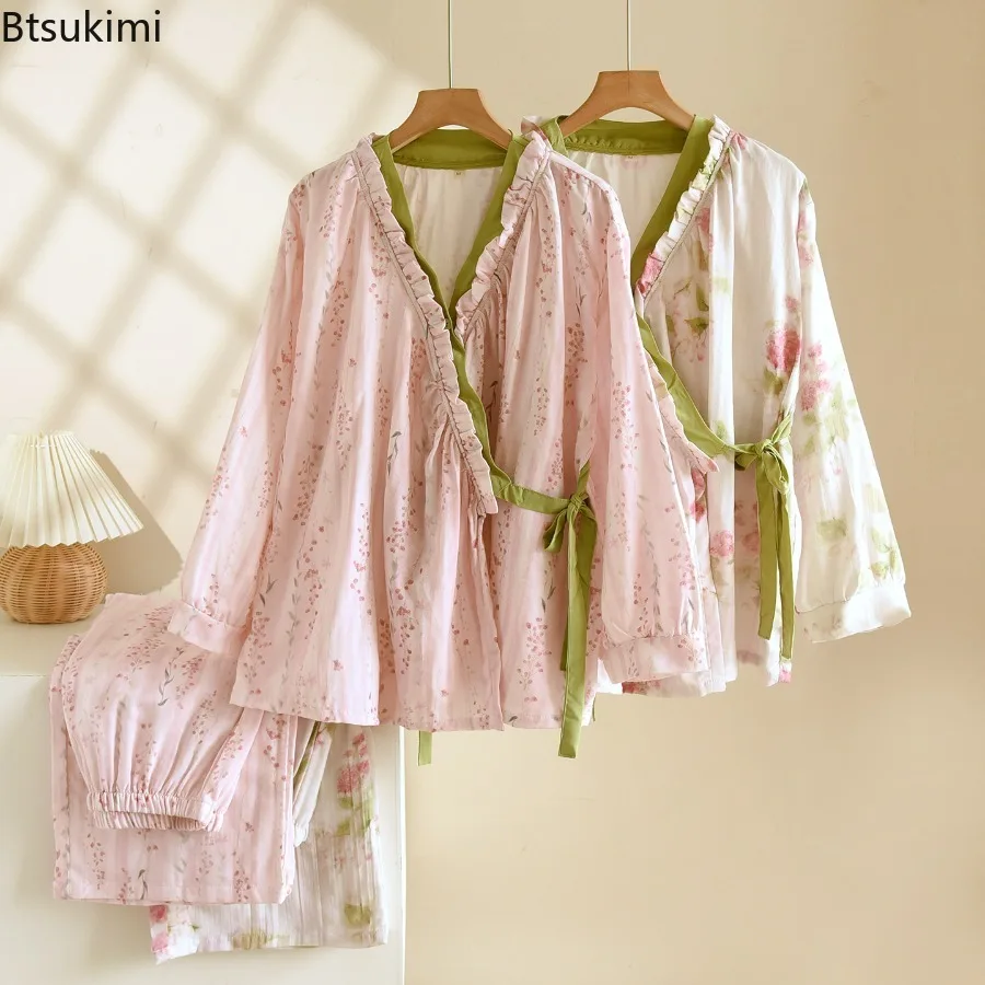 Neues Damen-Kimono-Set für Frühling und Herbst, 2-teilig, 100% Baumwollgaze, Chinesischer Stil, Langarm-Cardigan, Locker Sitzender Einfacher Pyjama-Set, Nachtwäsche