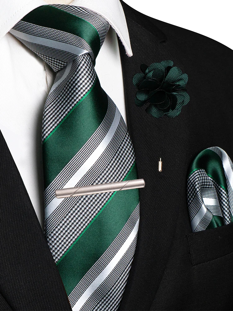 ﻿Luxury Purple Blue Striped Ties for Men 8cm Width Wedding Business Casual Necktie Pocket Square Brooch Set Men Gift Accessories