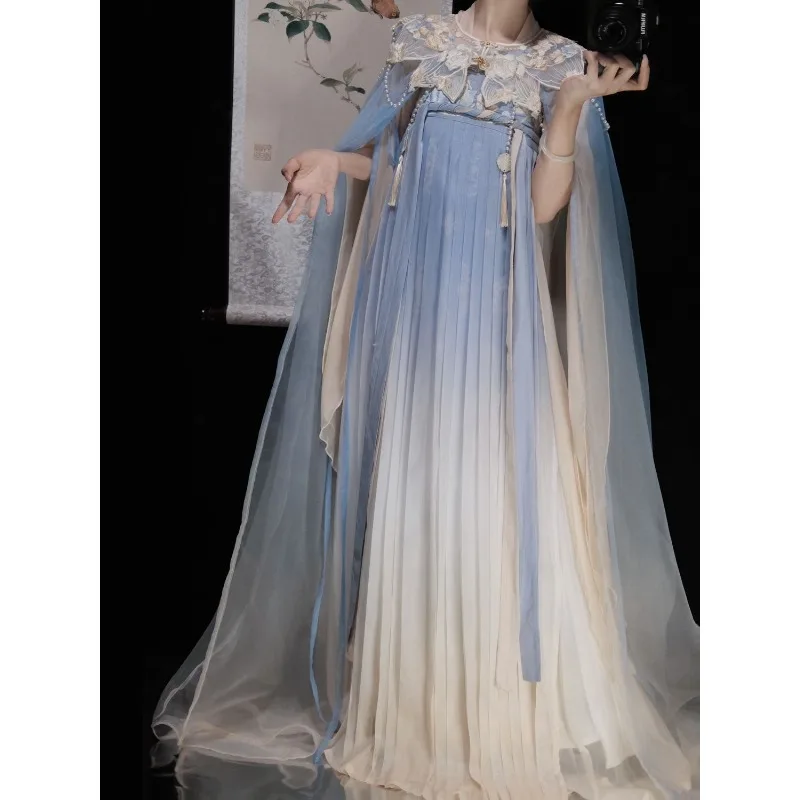 Original Tang Dynasty Blue Princess Cosplay Hanfu Dress Suit Female Elegant Lace Embroidered Cloud Shoulder Cloak Vestido Hanfu