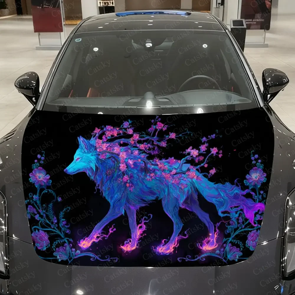 Neon Floral Wolf Roaming in Flame Realm Car Vinyl Wrap, PVC Material Waterproof Car Hood Sticker, Self-Adhesive Scratch-Resistan