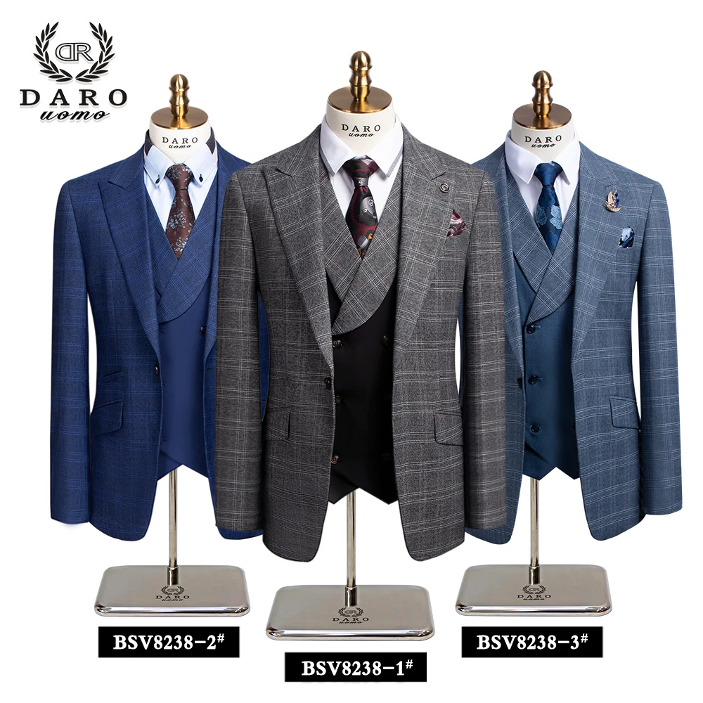 DAROuomo(Jacket+Vest+Pants) Fashion Boutique Lattice Formal Business Mens Suit 3pcs Set Groom Wedding Dress Plaid Suit DRV8238