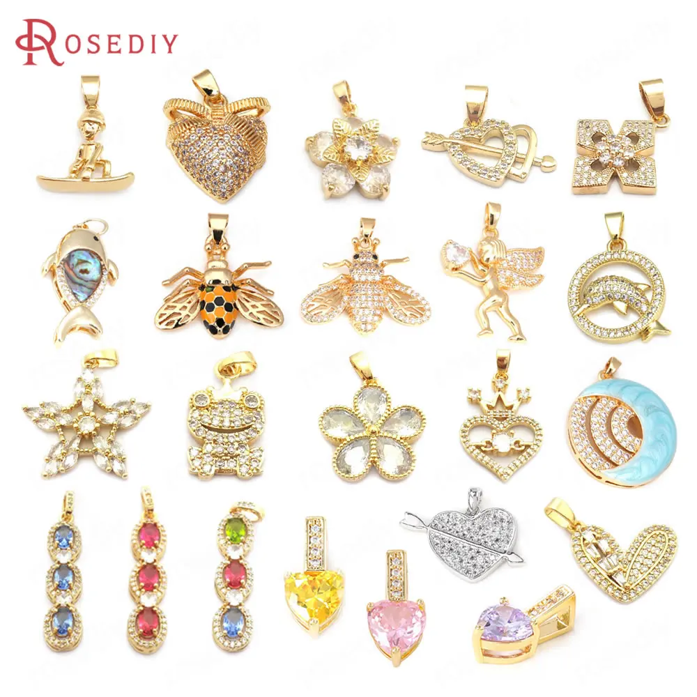 18K Gold Color Brass and Zircon Heart Flower Animal Necklaces Charms Pendants Jewelry Making Supplies Diy Findings Accessories