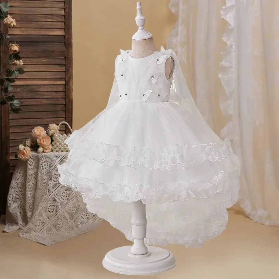 White Long Sleeve Tulle Flower Girl Dress 3D Floral Appliques Multi Ruffle Train Skirt Toddler Wedding Pageant Formal Gown ASQ03