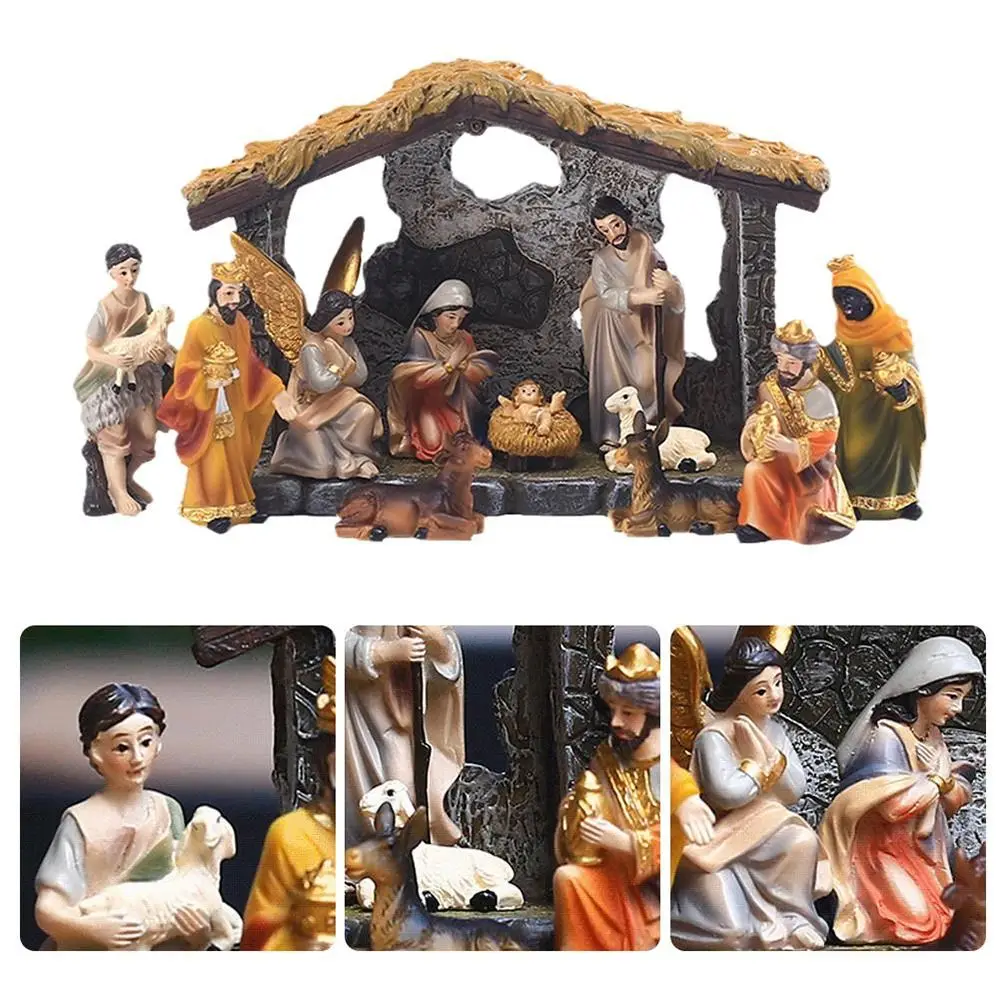 

12pcs Resin Christmas Manger Set Nativity Scene Christmas Ornament Nativity Ornaments Holy Family Crafts Statue Decor